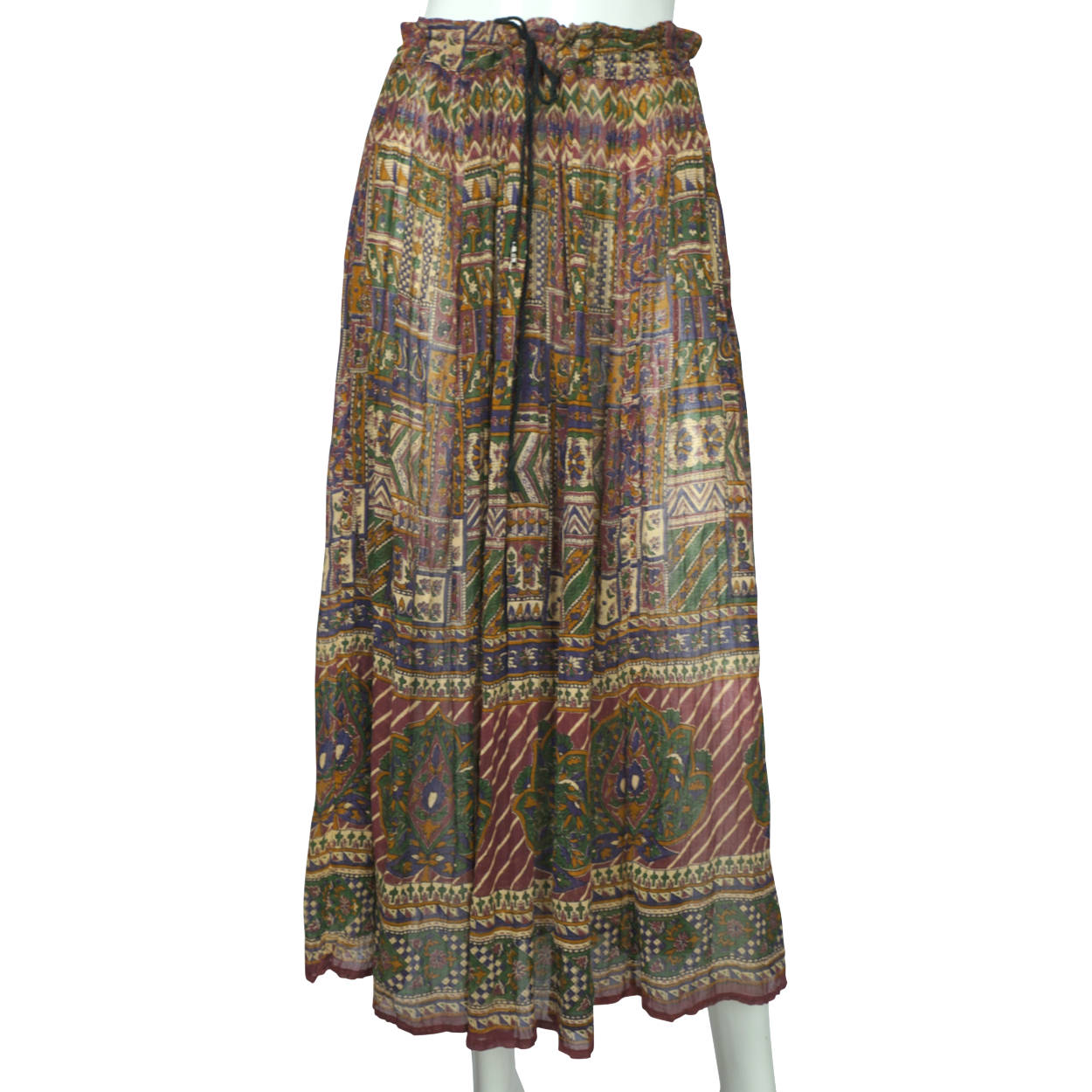 Vintage 1970s Indian Gauze Cotton Skirt w Floral Block Printed Pattern One Size - Poppy's Vintage Clothing