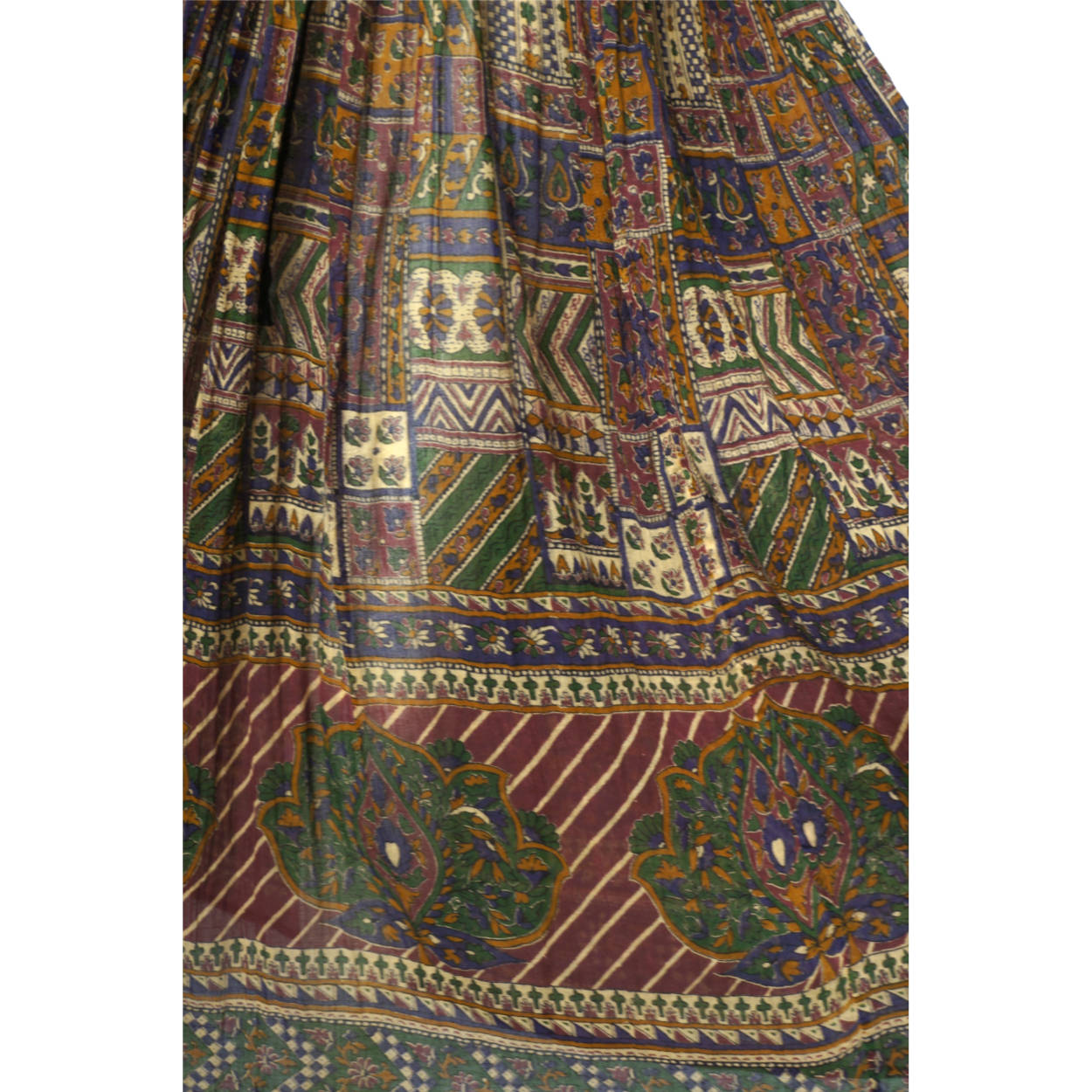 Vintage 1970s Indian Gauze Cotton Skirt w Floral Block Printed Pattern One Size - Poppy's Vintage Clothing