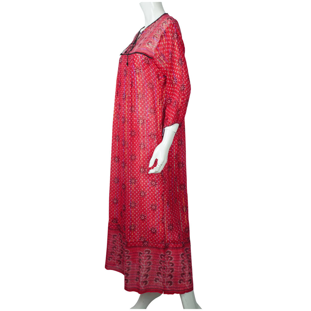 Vintage 1970s Indian Cotton Gauze Dress Pink Red Block Print Metallic Thread M - Poppy's Vintage Clothing