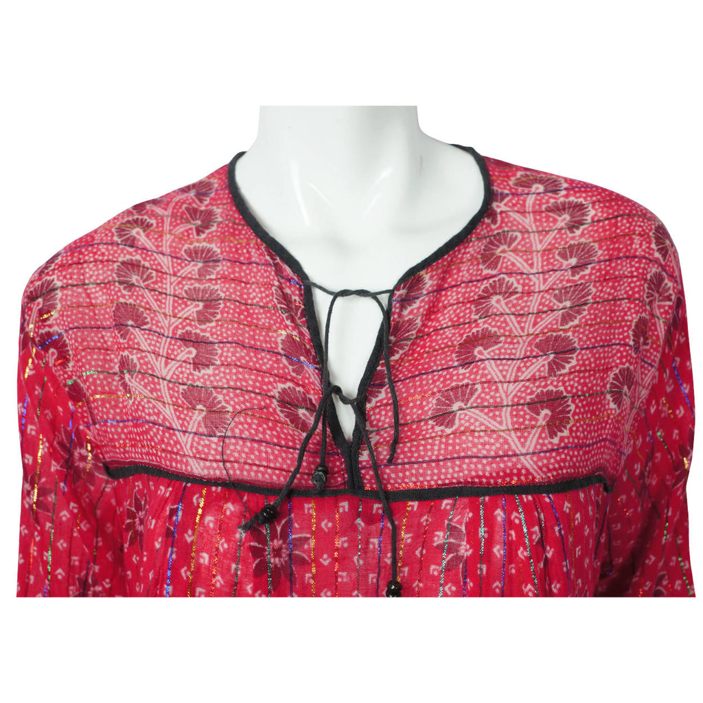 Vintage 1970s Indian Cotton Gauze Dress Pink Red Block Print Metallic Thread M - Poppy's Vintage Clothing