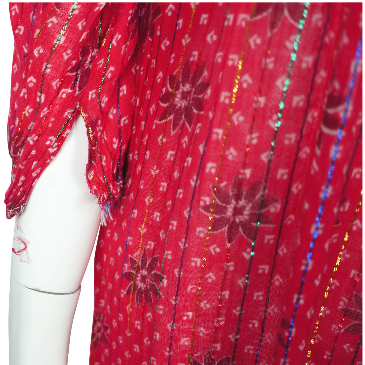 Vintage 1970s Indian Cotton Gauze Dress Pink Red Block Print Metallic Thread M - Poppy's Vintage Clothing