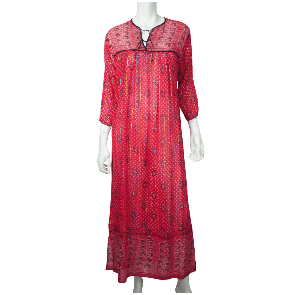 Vintage 1970s Indian Cotton Gauze Dress Pink Red Block Print Metallic – Poppy's Vintage Clothing