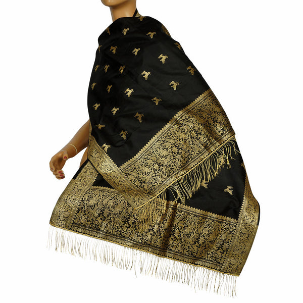 Vintage Indian Black Silk Shawl Woven With Gold Formal Sari Scarf Mundai - Poppy's Vintage Clothing