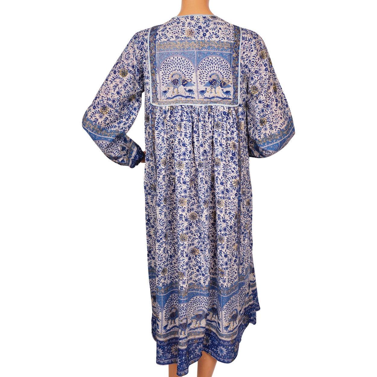 Vintage Hippie 70s Indian Cotton Gauze Dress Printed Peacock Unused NOS Small - Poppy's Vintage Clothing