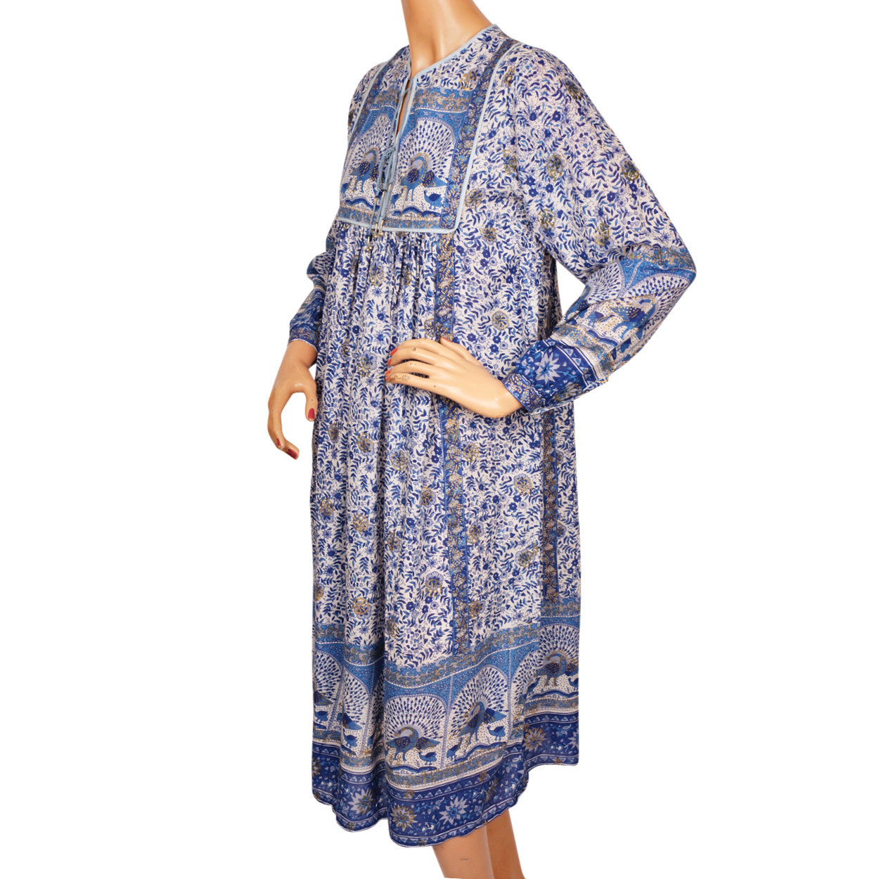 Vintage Hippie 70s Indian Cotton Gauze Dress Printed Peacock Unused NOS Small - Poppy's Vintage Clothing