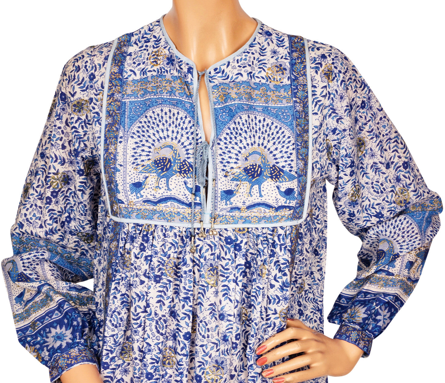 Vintage Hippie 70s Indian Cotton Gauze Dress Printed Peacock Unused NOS Small - Poppy's Vintage Clothing