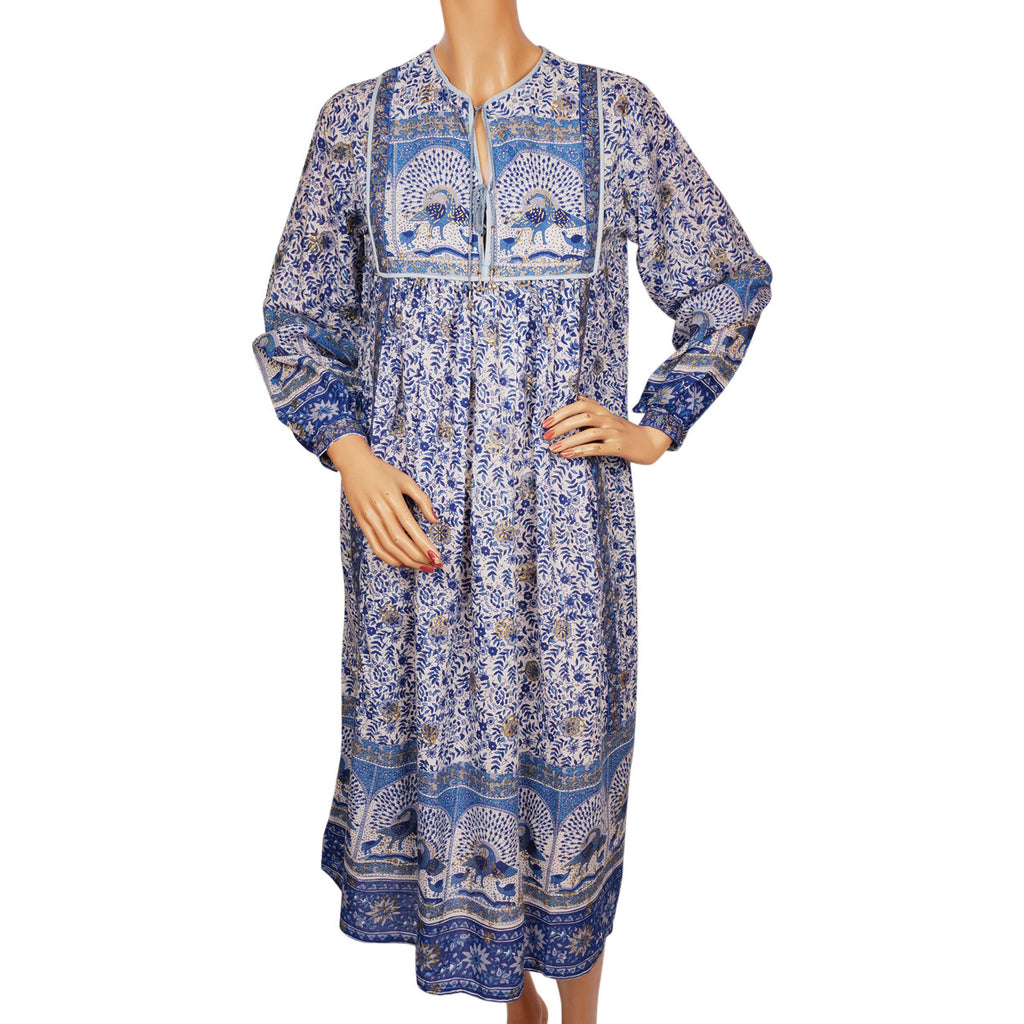 Vintage Hippie 70s Indian Cotton Gauze Dress Printed Peacock Unused NOS Small - Poppy's Vintage Clothing