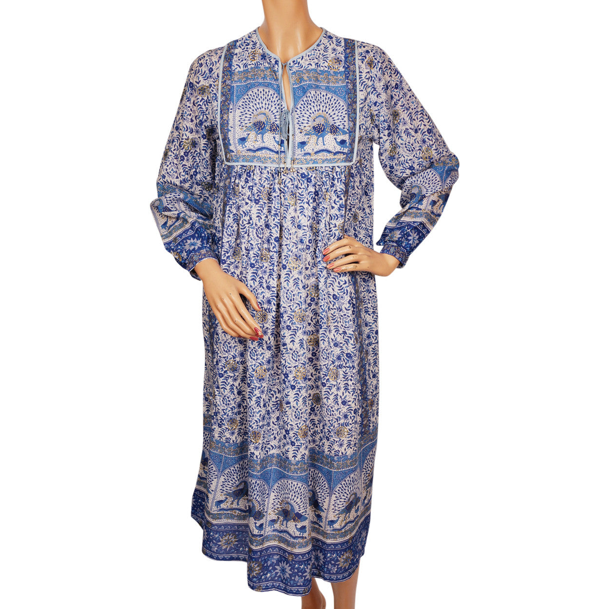 Vintage Hippie 70s Indian Cotton Gauze Dress Printed Peacock Unused NOS Small - Poppy's Vintage Clothing