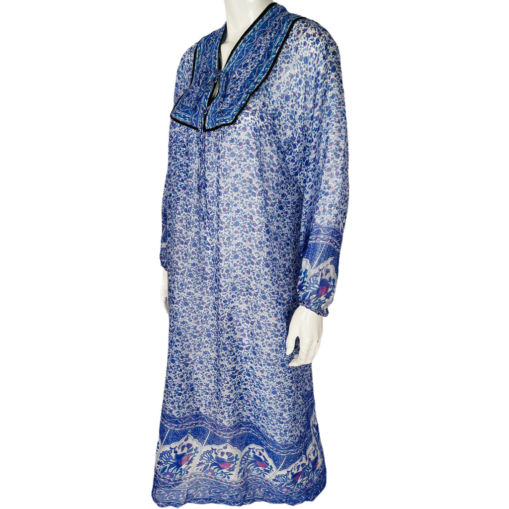 Vintage 1970s Gauzy Indian Cotton Dress Floral Print NOS