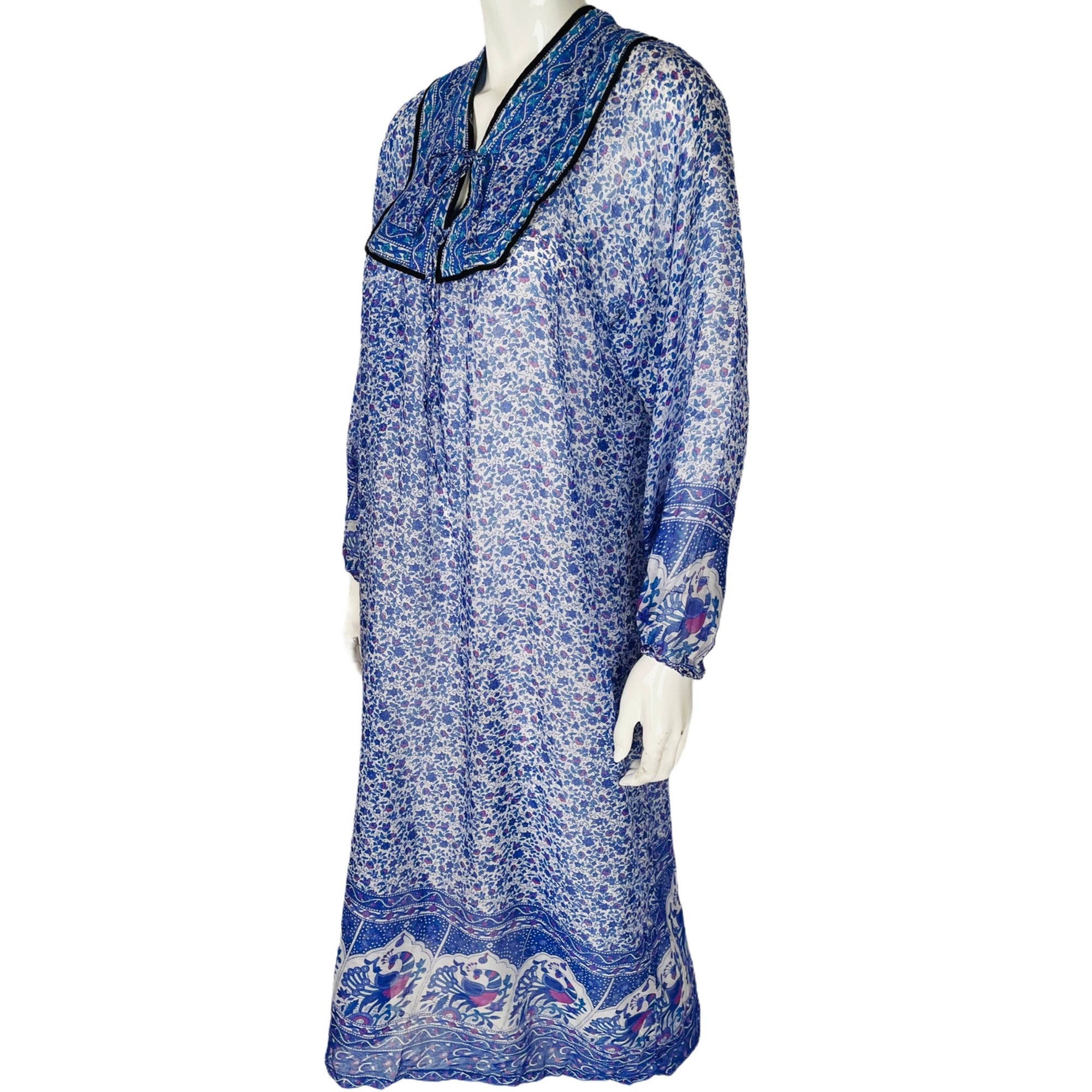 Vintage 1970s Gauzy Indian Cotton Dress Floral Print NOS