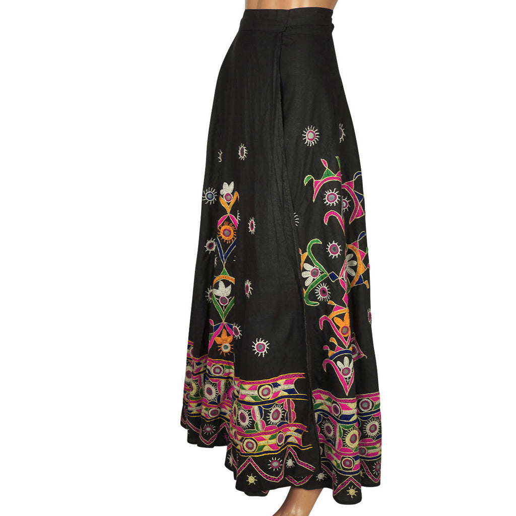 Vintage 1960s Indian Cotton Wraparound Skirt Mirrored Embroidery Hippie Festival - Poppy's Vintage Clothing
