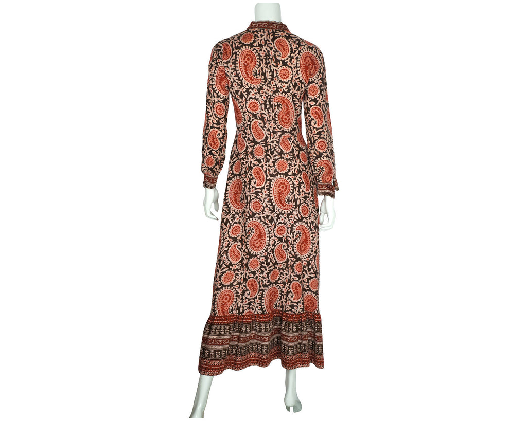 Vintage 1970s Indian Cotton Dress Paisley Block Printed Red & Black Size M - Poppy's Vintage Clothing