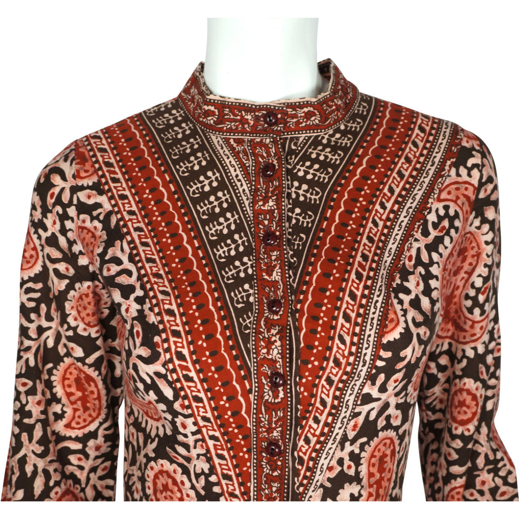 Vintage 1970s Indian Cotton Dress Paisley Block Printed Red & Black Size M - Poppy's Vintage Clothing