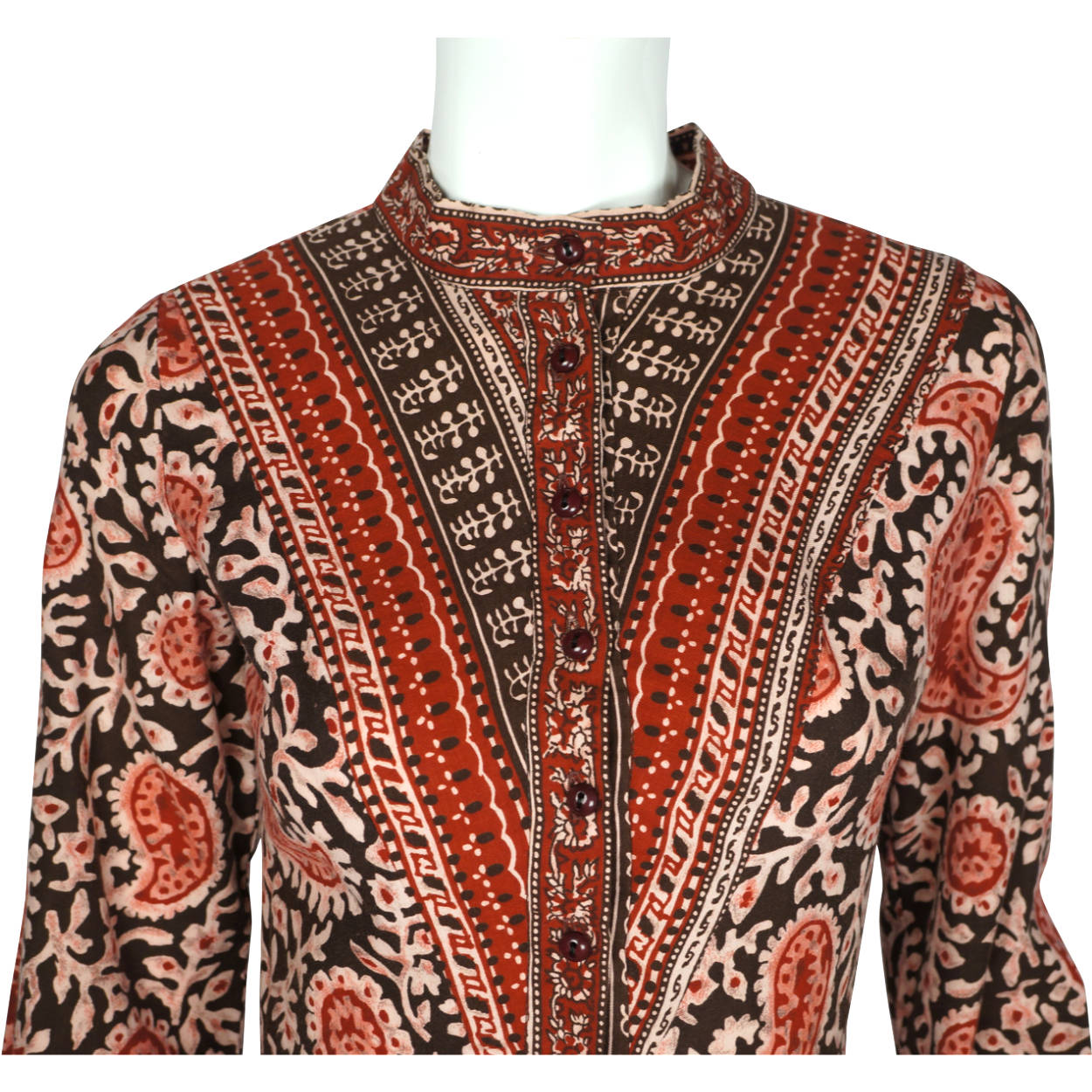 Vintage 1970s Indian Cotton Dress Paisley Block Printed Red & Black Size M - Poppy's Vintage Clothing