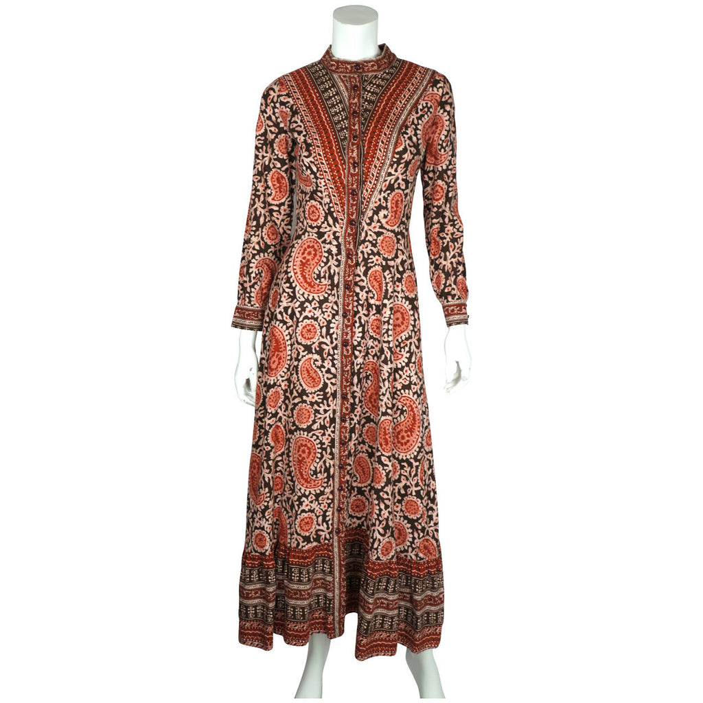 Vintage 1970s Indian Cotton Dress Paisley Block Printed Red & Black Size M - Poppy's Vintage Clothing