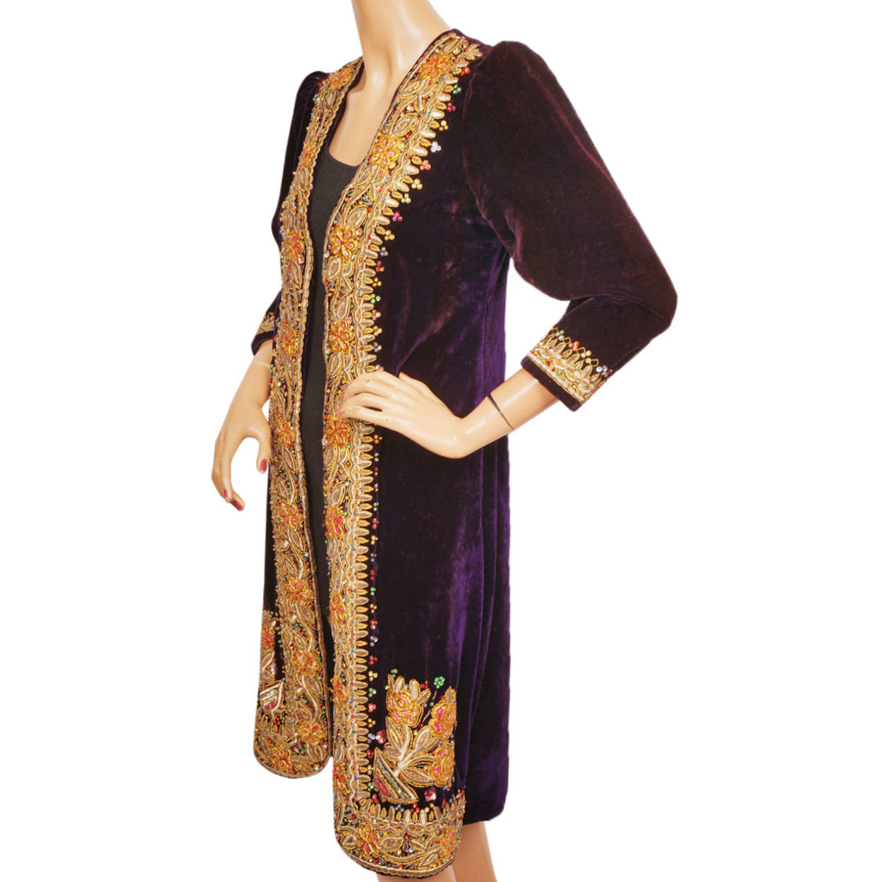 Vintage Hippie Coat Indian Gold Embroidered Purple Velvet 60s Rock Star Small - Poppy's Vintage Clothing