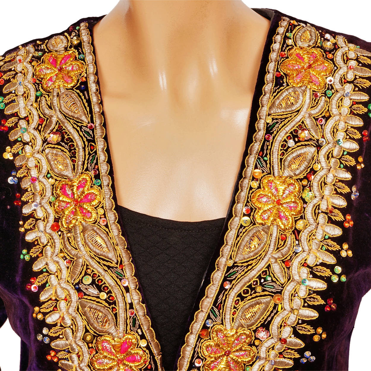 Vintage Hippie Coat Indian Gold Embroidered Purple Velvet 60s Rock Star Small - Poppy's Vintage Clothing
