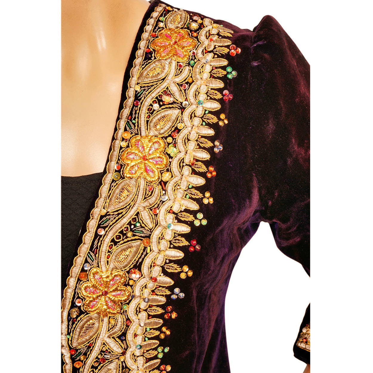 Vintage Hippie Coat Indian Gold Embroidered Purple Velvet 60s Rock Star Small - Poppy's Vintage Clothing