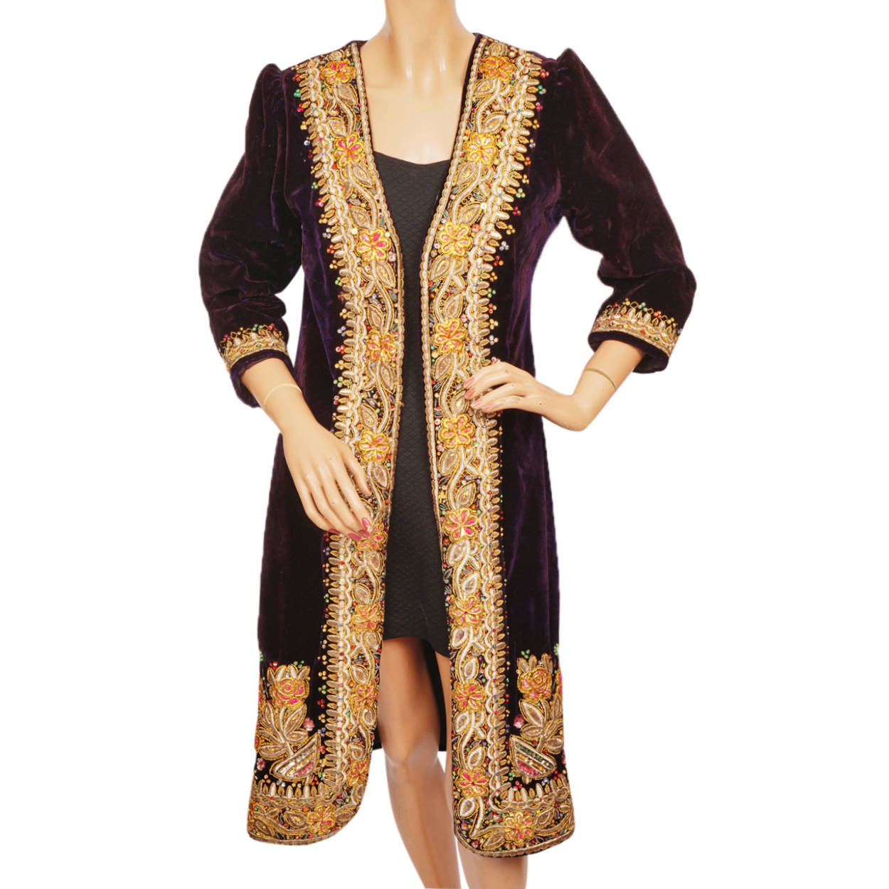 Vintage Hippie Coat Indian Gold Embroidered Purple Velvet 60s Rock Star Small - Poppy's Vintage Clothing