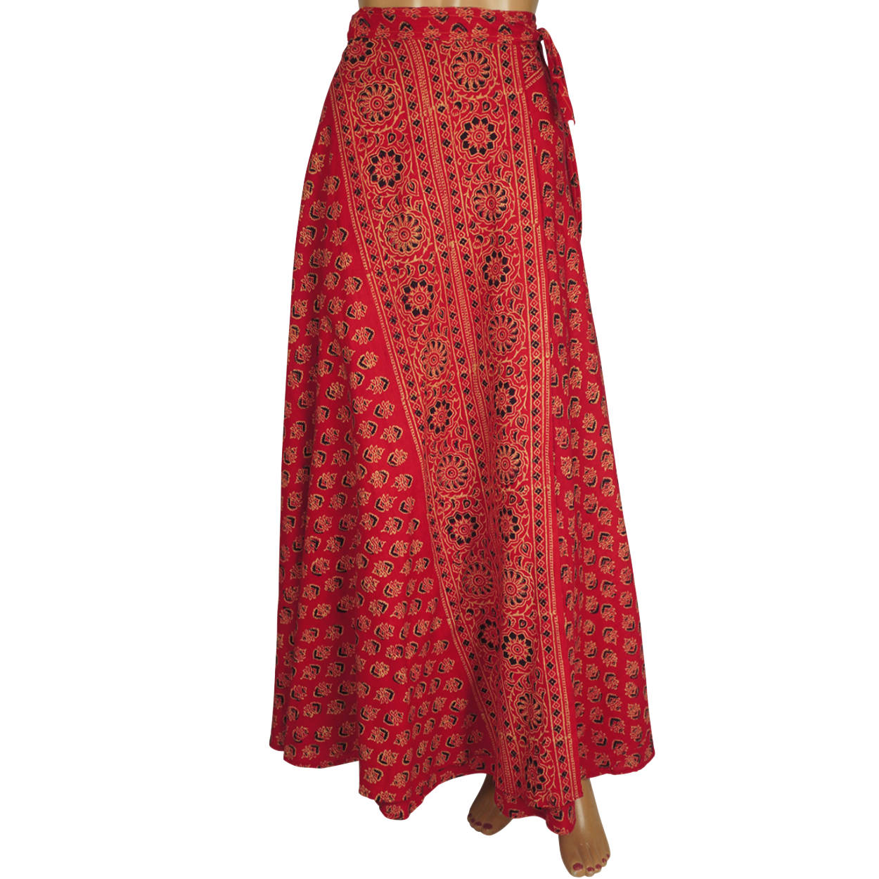 Vintage 1970s Indian Wraparound Skirt Block Print Red Cotton Hippie Festival - Poppy's Vintage Clothing
