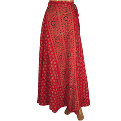 Vintage 1970s Indian Wraparound Skirt Block Print Red Cotton Hippie Festival - Poppy's Vintage Clothing