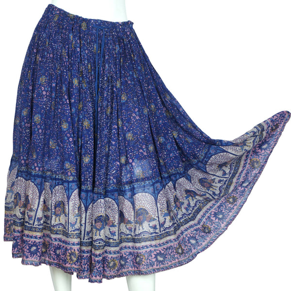 Vintage 1970s Ritu Indian Skirt Block Printed Peacock Pattern Blue Gauze Cotton - Poppy's Vintage Clothing
