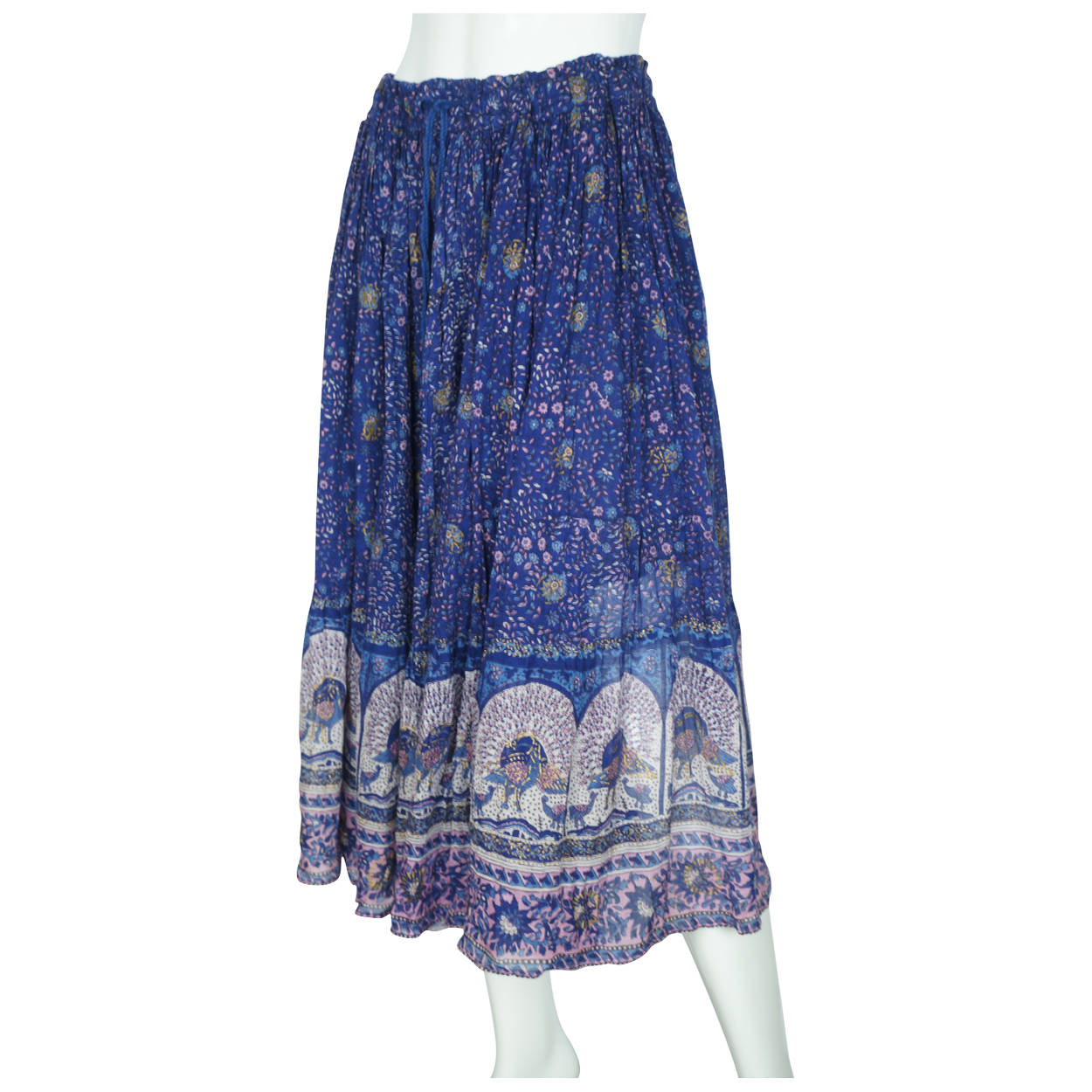Vintage 1970s Ritu Indian Skirt Block Printed Peacock Pattern Blue Gauze Cotton - Poppy's Vintage Clothing