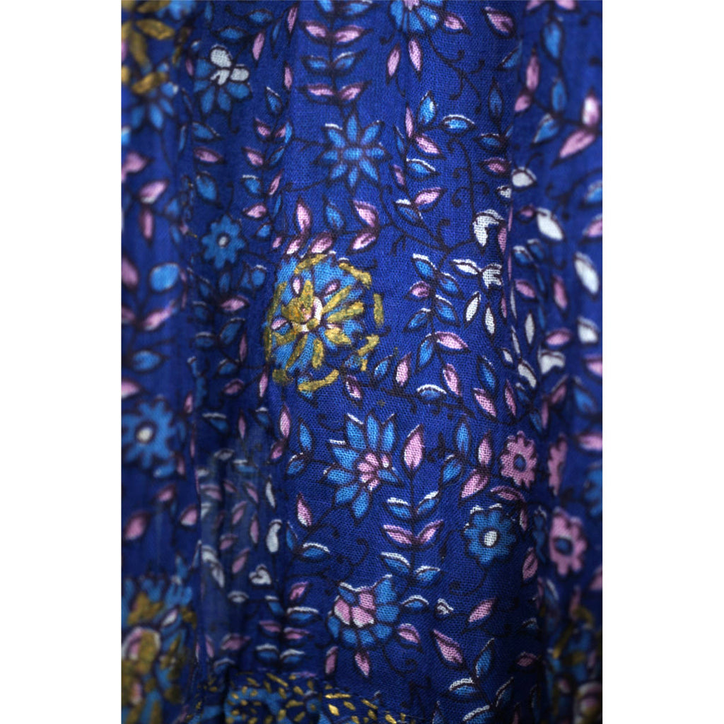 Vintage 1970s Ritu Indian Skirt Block Printed Peacock Pattern Blue Gauze Cotton - Poppy's Vintage Clothing