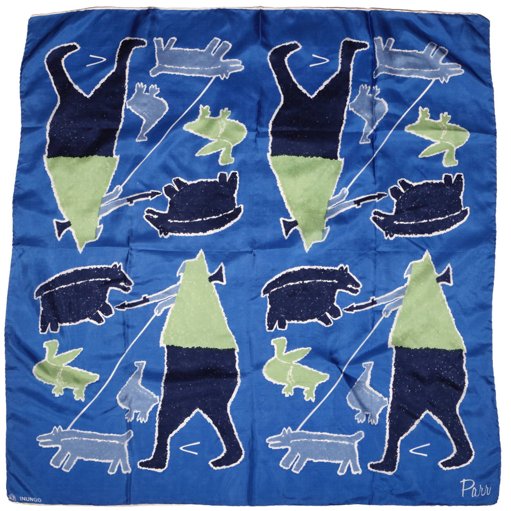 Vintage Inuit Art Print Silk Scarf Inunoo Eskimo Hunting Drawing by Paar - Poppy's Vintage Clothing