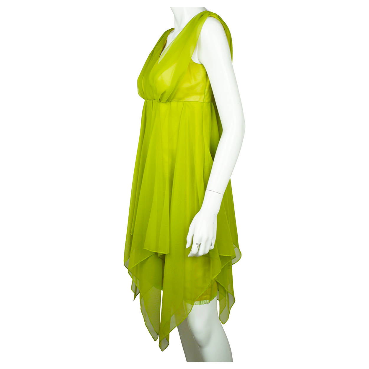 Vintage 1960s Dress Chartreuse Green Chiffon with Handkerchief Hem Size M - Poppy's Vintage Clothing