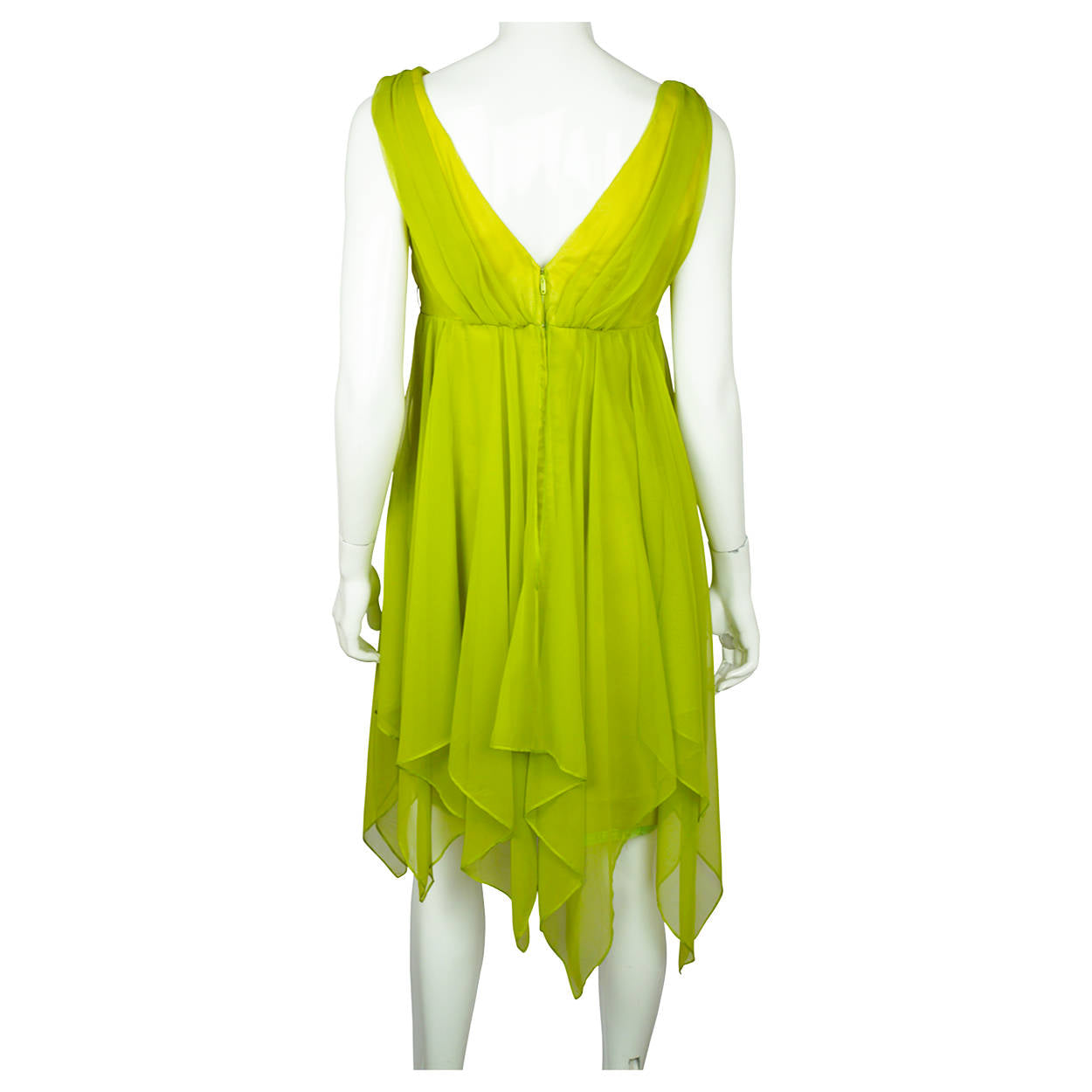 Vintage 1960s Dress Chartreuse Green Chiffon with Handkerchief Hem Size M - Poppy's Vintage Clothing