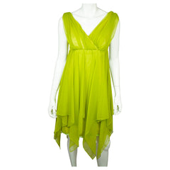 Vintage 1960s Dress Chartreuse Green Chiffon with Handkerchief Hem Size M - Poppy's Vintage Clothing