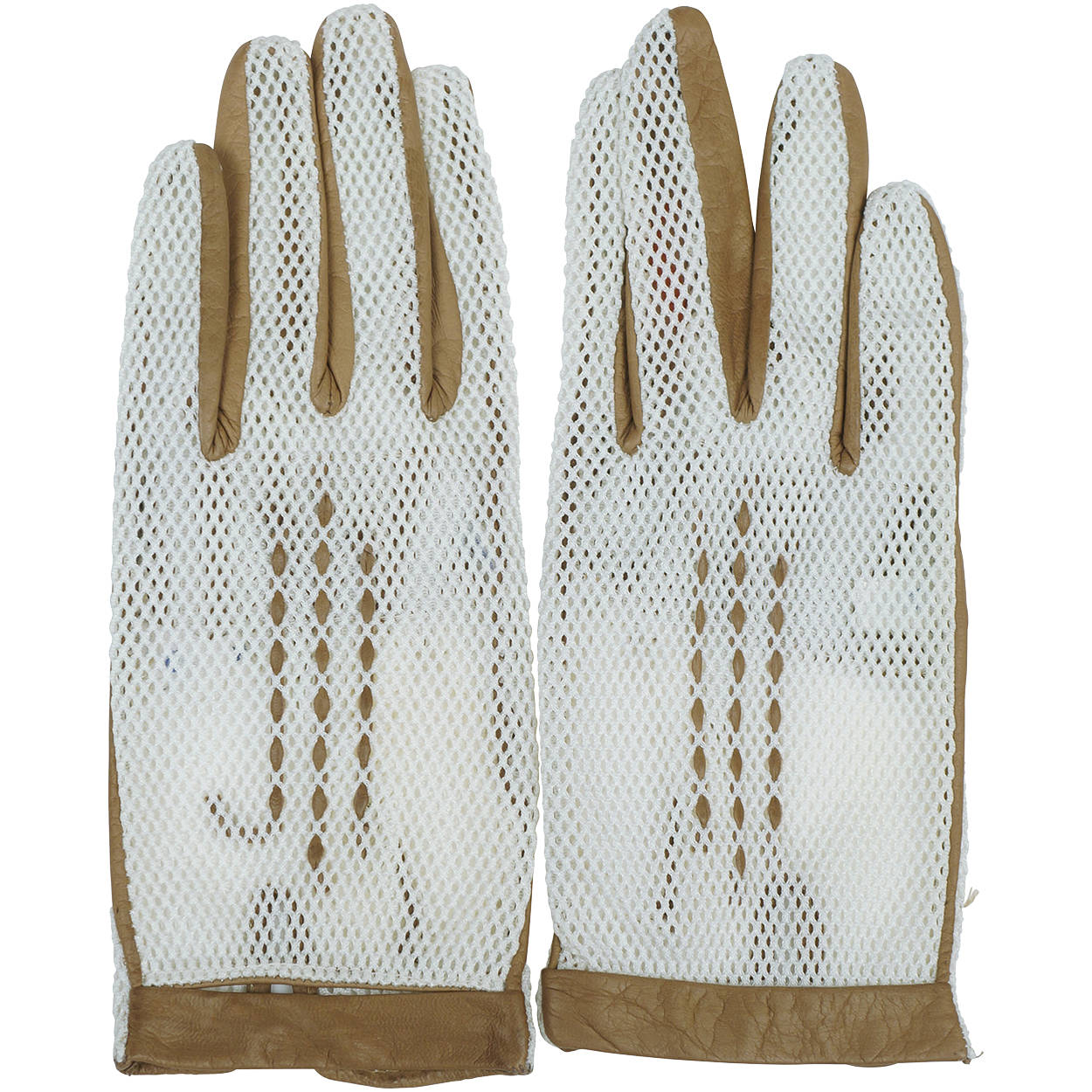 Vintage 1960s Italian Gloves White Nylon Mesh &amp; Brown Leather Italy Unused Sz 7 - Poppy's Vintage Clothing