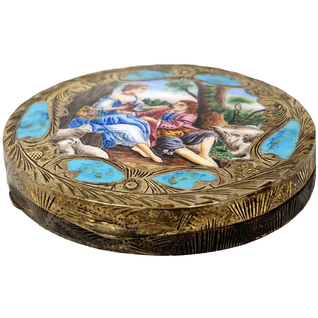 Vintage Enamel Compact Italian 800 Silver Courting Couple