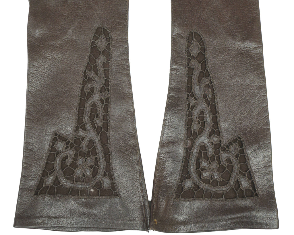 Vintage NOS Ladies Brown Leather Long Evening Gloves Unused Lace Inset Cutwork - Poppy's Vintage Clothing