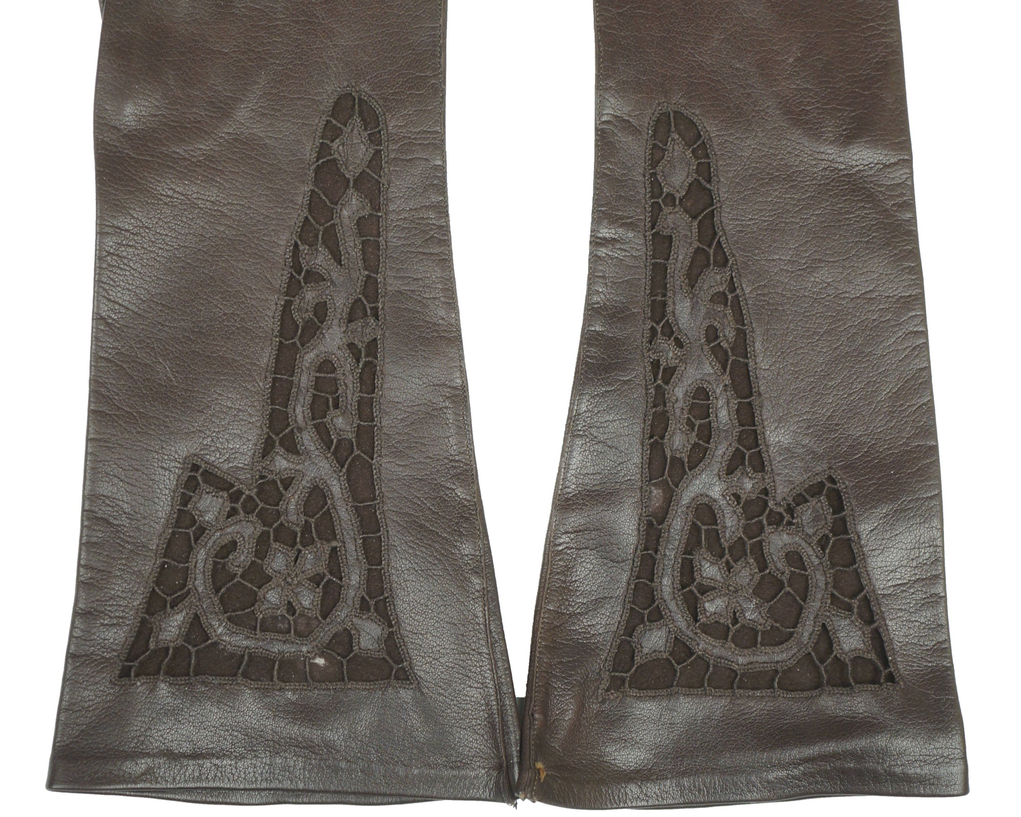 Vintage NOS Ladies Brown Leather Long Evening Gloves Unused Lace Inset Cutwork - Poppy's Vintage Clothing