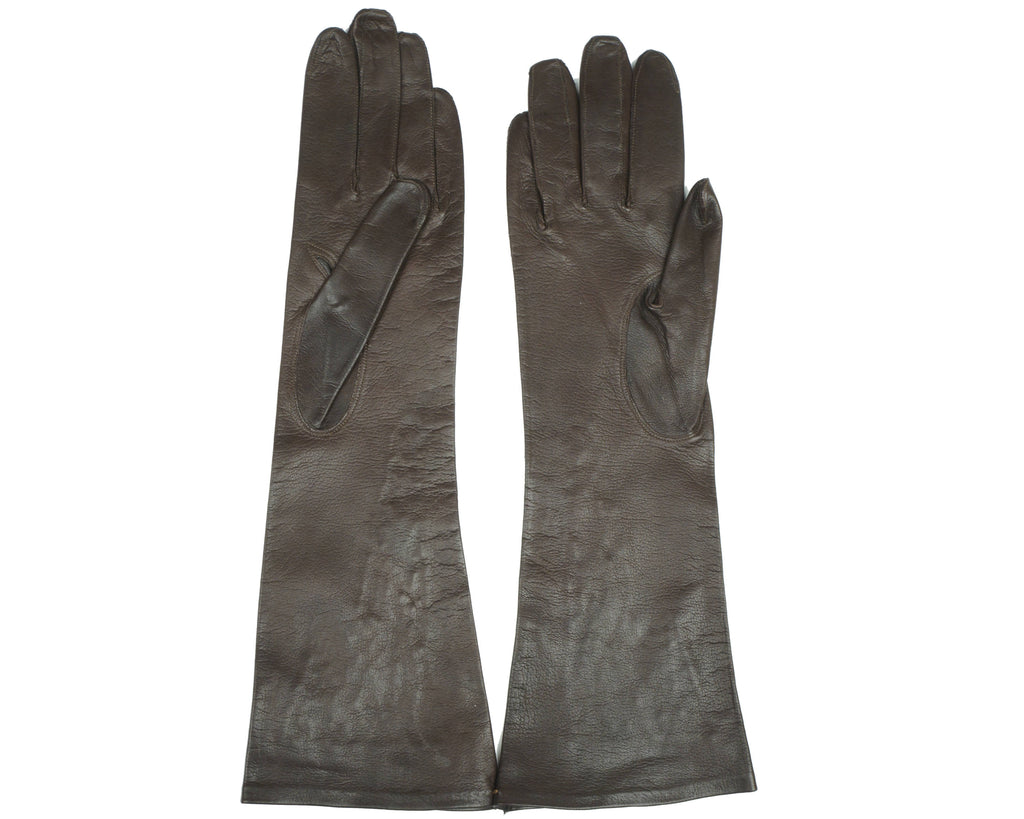 Vintage NOS Ladies Brown Leather Long Evening Gloves Unused Lace Inset Cutwork - Poppy's Vintage Clothing