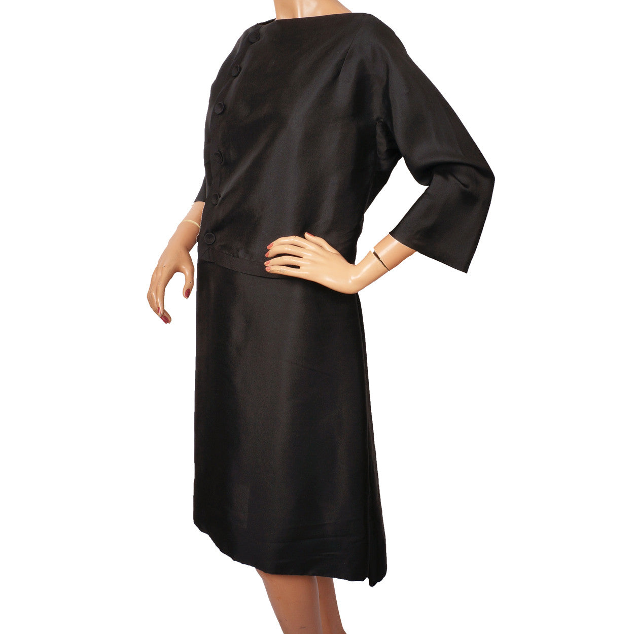 Vintage 1950s Jacques Griffe Black Silk Dress with Jacket - L - Poppy's Vintage Clothing