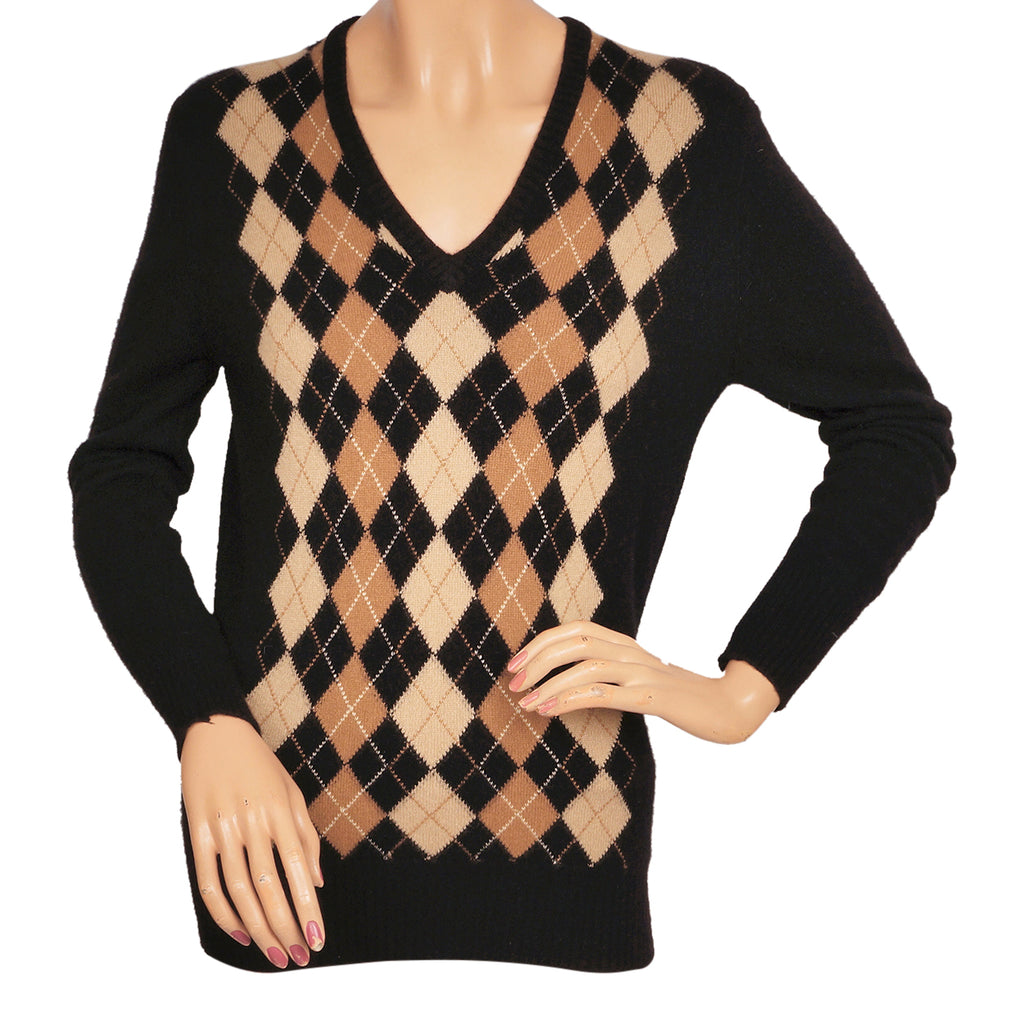 Vintage 1970s Jaeger Cashmere Sweater Black Argyle Pattern Made in UK Ladies Size M - Poppy's Vintage Clothing