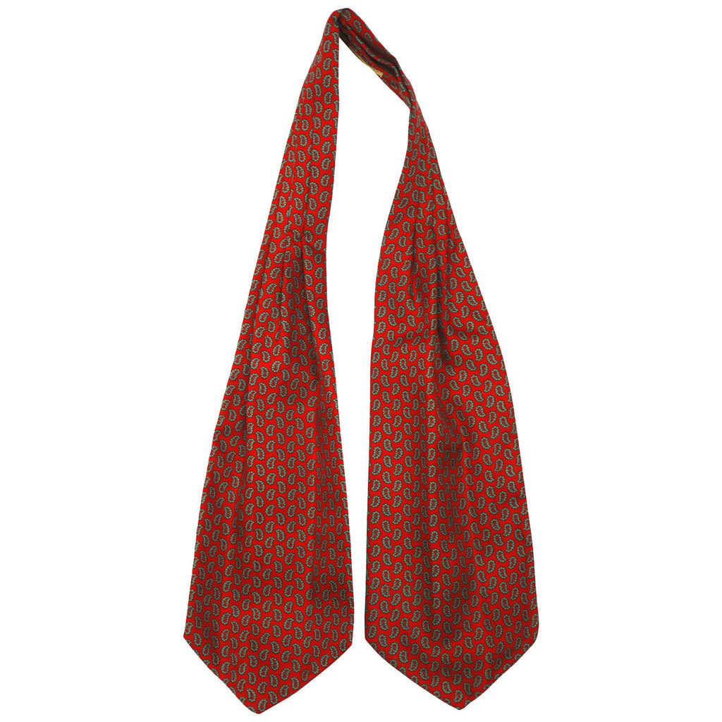 Vintage Jaeger Silk Ascot Red Cravat w Green Paisley Pattern Made Great Britain - Poppy's Vintage Clothing