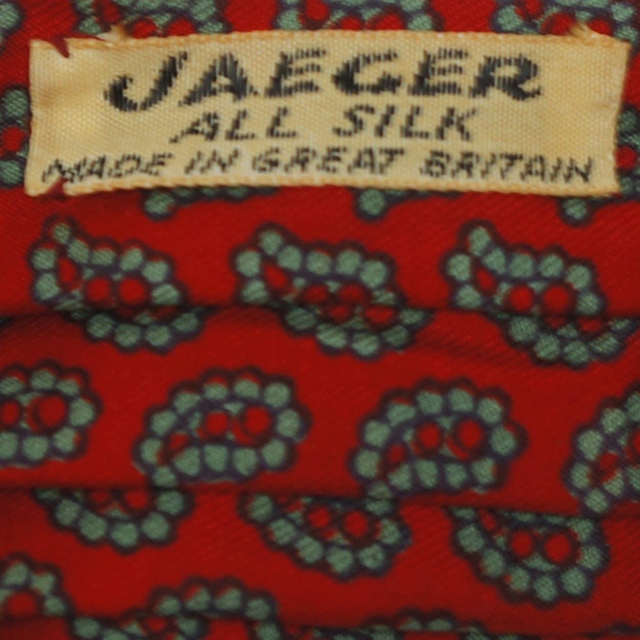 Vintage Jaeger Silk Ascot Red Cravat w Green Paisley Pattern Made Great Britain - Poppy's Vintage Clothing