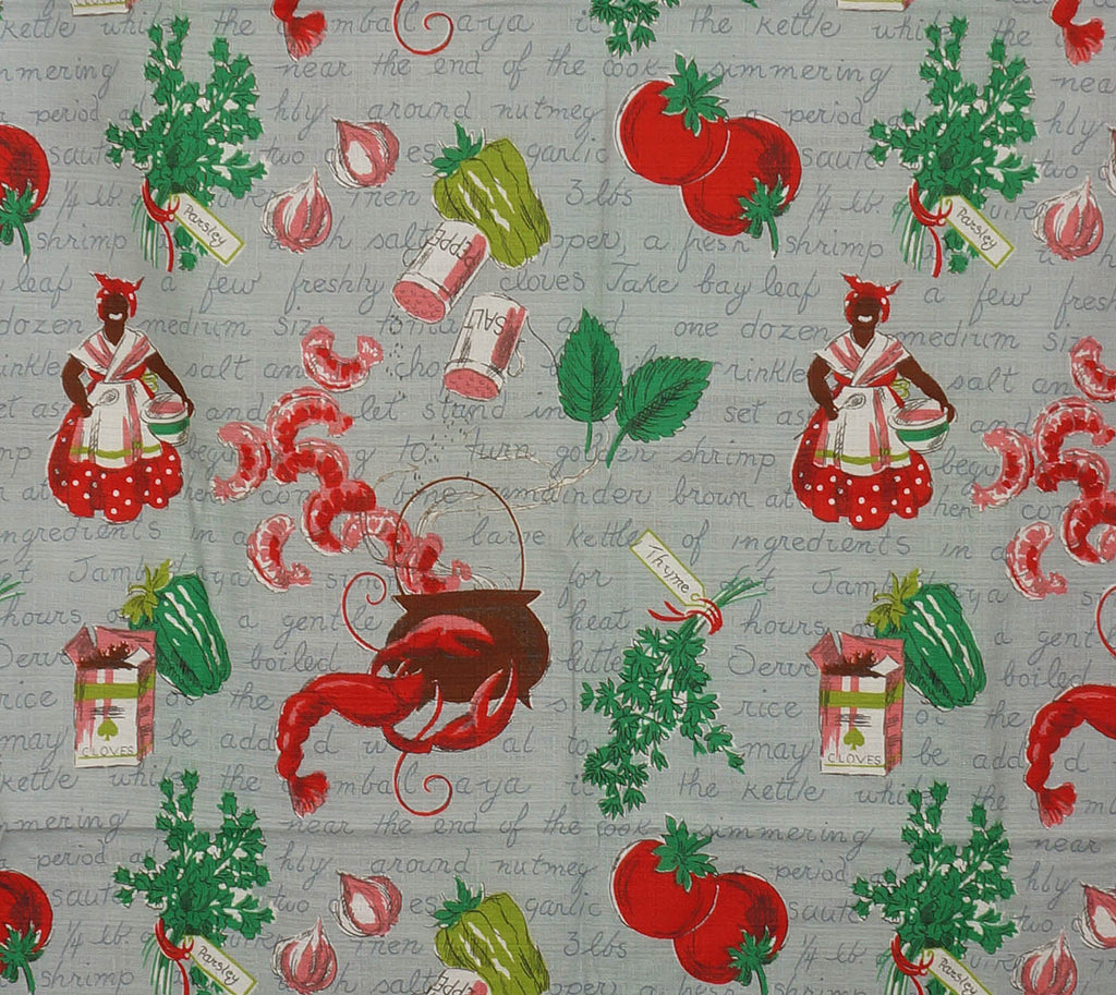 Vintage 1940s Kitchen Drape Fabric - Jambalaya Recipe Mammy Print - Poppy's Vintage Clothing