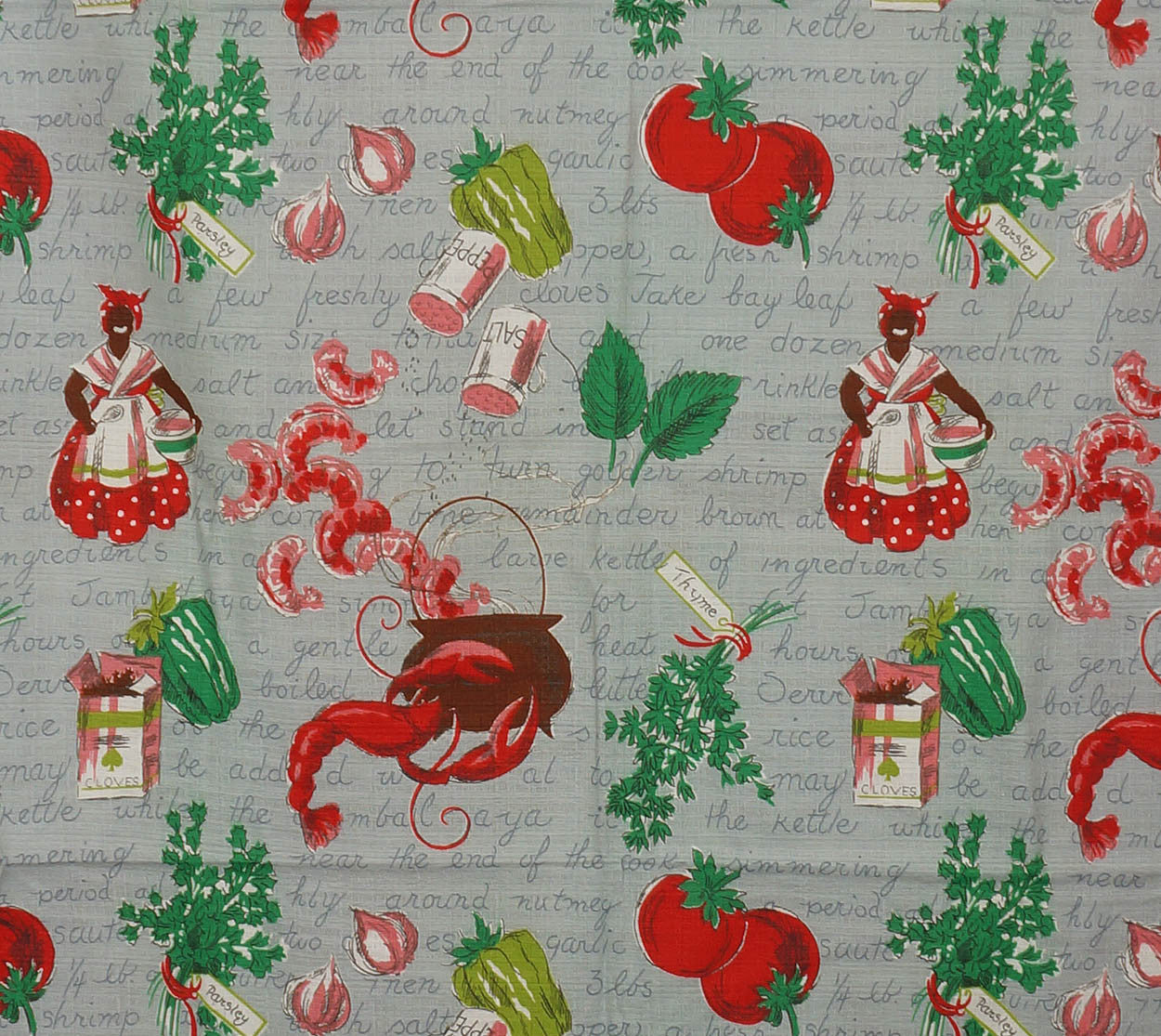 Vintage 1940s Kitchen Drape Fabric - Jambalaya Recipe Mammy Print - Poppy's Vintage Clothing