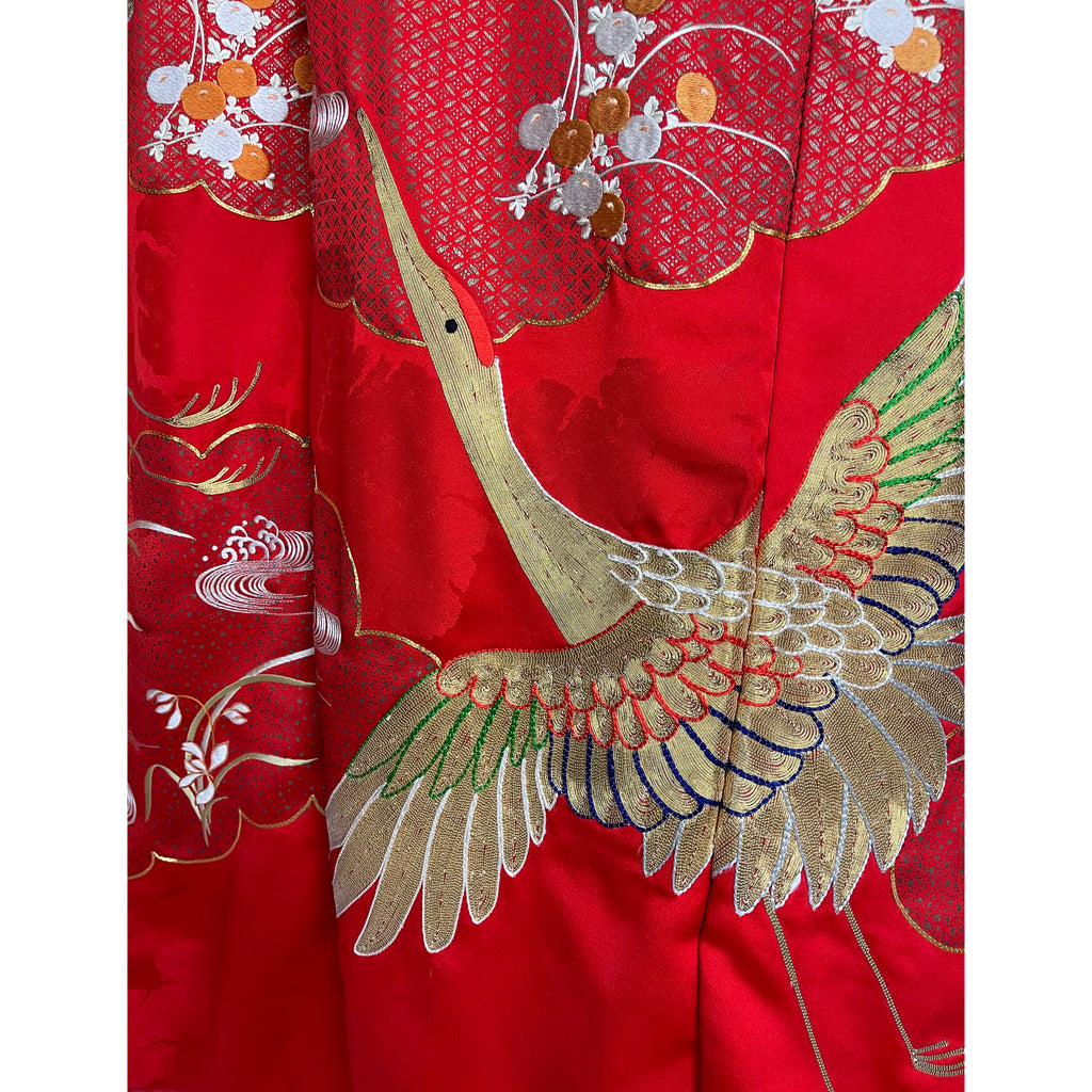 Japanese Wedding Kimono Iro Uchikake Red Silk w Gold Cranes
