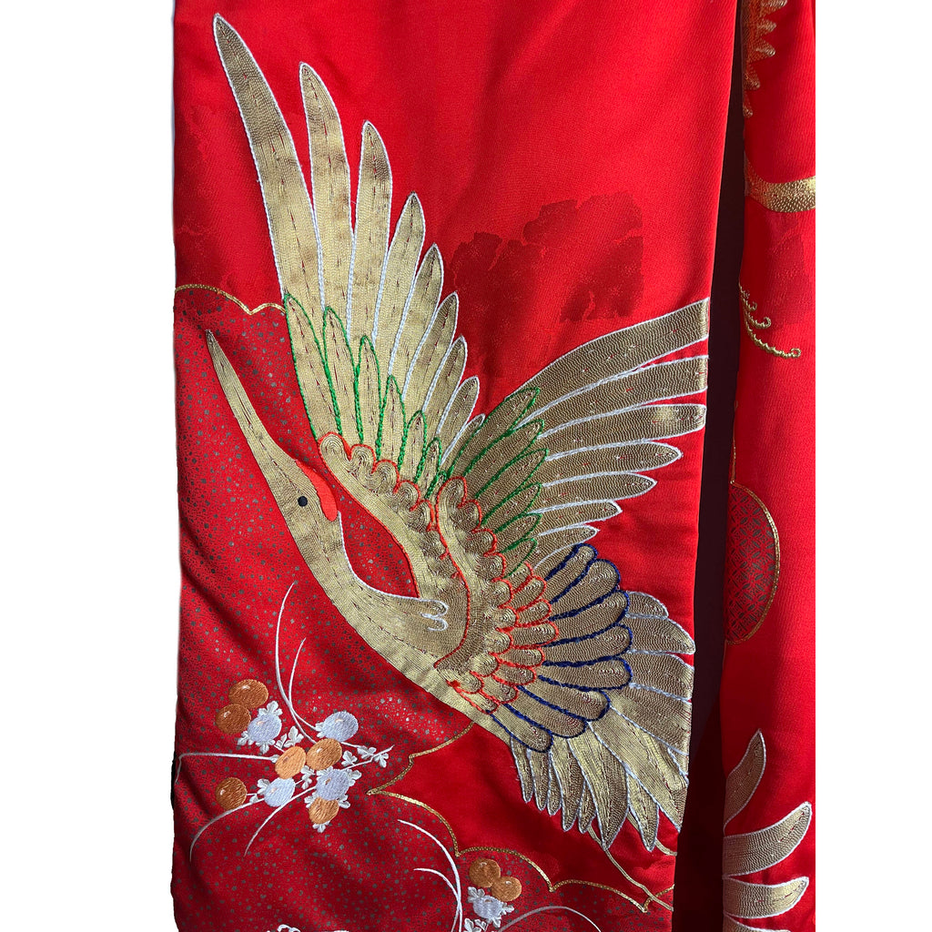 Japanese Wedding Kimono Iro Uchikake Red Silk w Gold Cranes