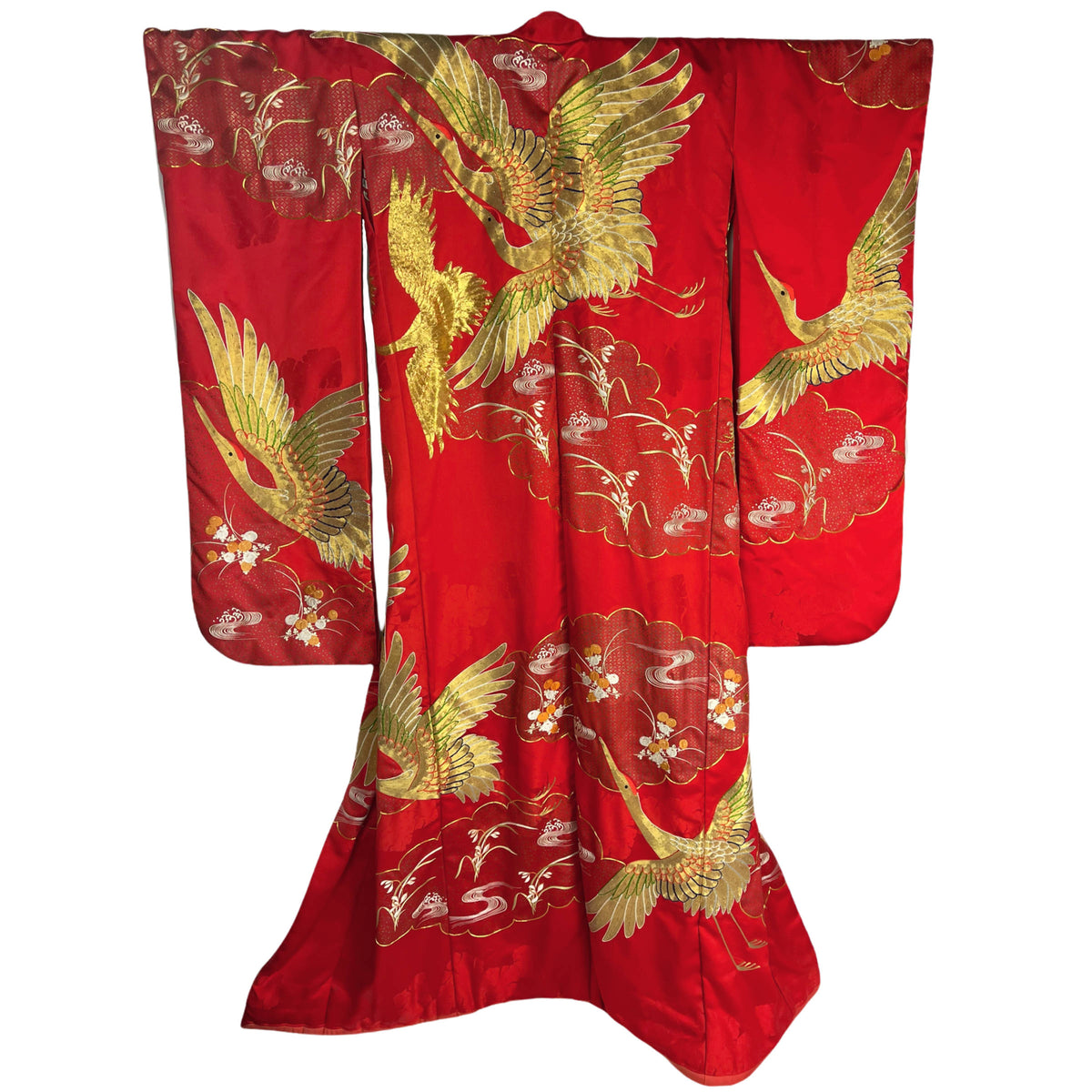 Japanese Wedding Kimono Iro Uchikake Red Silk w Gold Cranes 