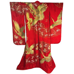 Japanese Wedding Kimono Iro Uchikake Red Silk w Gold Cranes