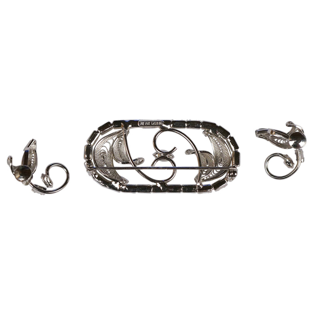 Vintage Jay Flex Brooch &amp; Earrings Demi Parure Blue Rhinestone Sterling Silver - Poppy's Vintage Clothing