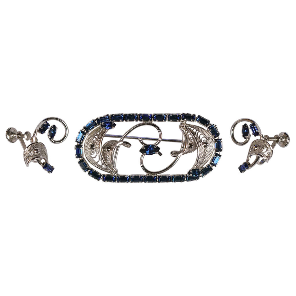 Vintage Jay Flex Brooch &amp; Earrings Demi Parure Blue Rhinestone Sterling Silver - Poppy's Vintage Clothing