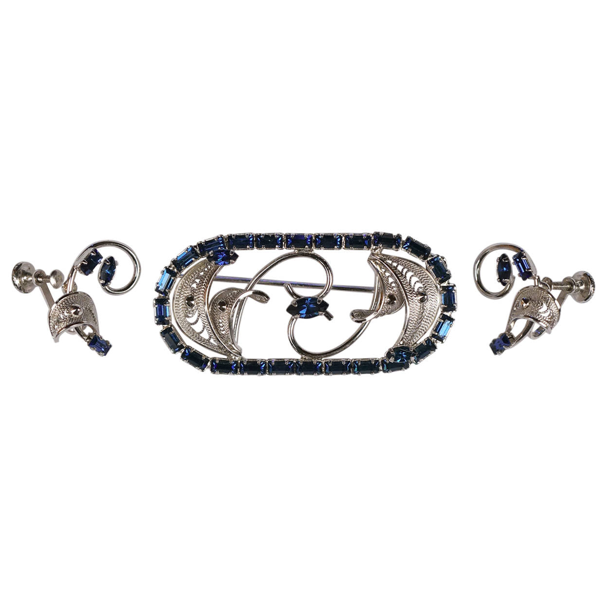 Vintage Jay Flex Brooch &amp; Earrings Demi Parure Blue Rhinestone Sterling Silver - Poppy's Vintage Clothing